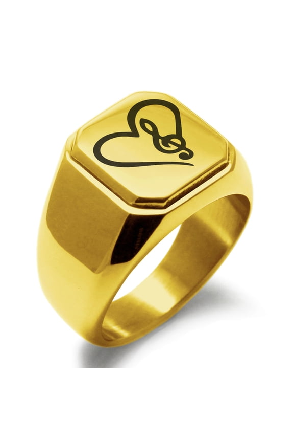 Stainless Steel Love Music Treble Clef Heart Engraved Square Flat Top Biker Style Polished Ring