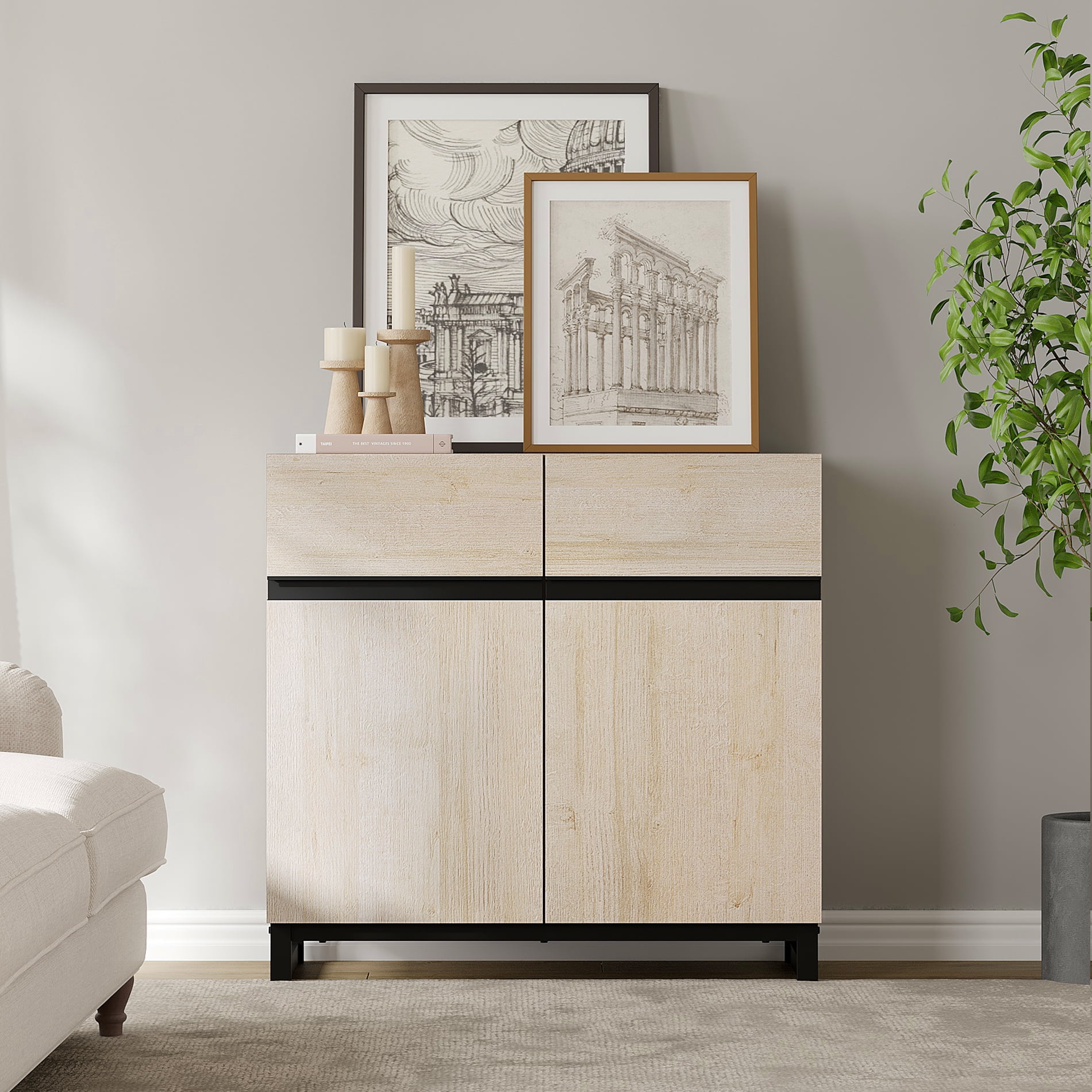 WAMPAT 72" Tall 3 Tier Modern Wood Bookshelf with Storage Cabinets, Adjustable Shelf & Door, Large Display Library Bookcase for Home Office, Living Room, Beige