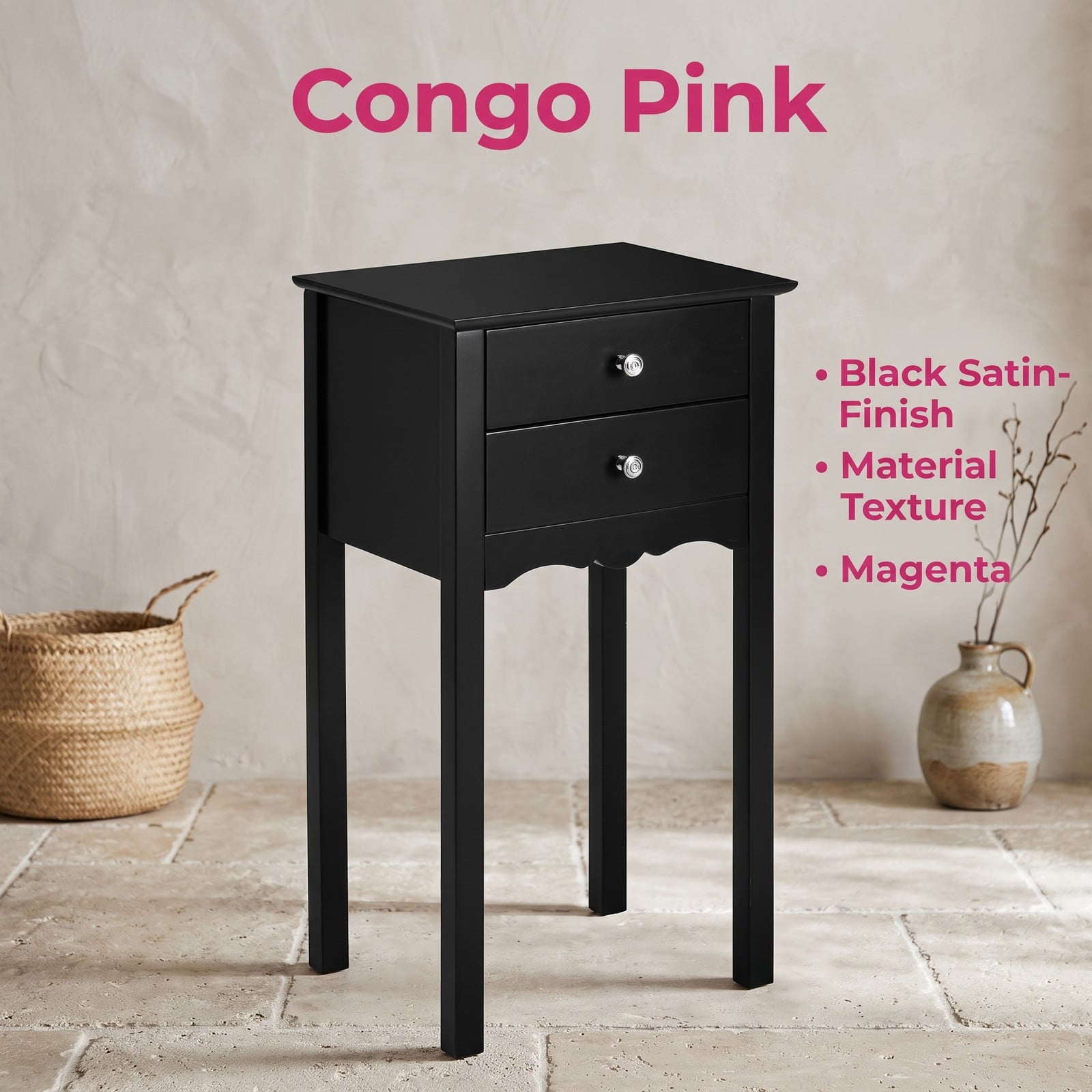 Furnibear 2-Drawer End Table, Vintage MDF Side Accent Table with Metal Handles, High Gloss Nightstand Bedside Storage Table for Bedroom Living Room Dorm, Black