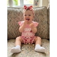 thumbnail image 3 of BemeyourBBs Mama's Bestie Baby Girls Summer Clothes Newborn Baby Girls Strawberry Outfits Letter Strawberry Print Flying Sleeve Ribbed Romper and Elastic Waist Shorts Headband Set, 3 of 9