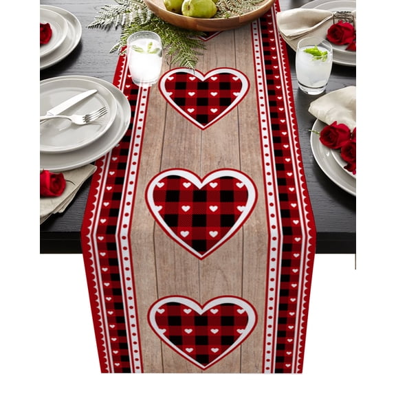 Saint Love Heart, Table Runner 90 Inches, Happy Valentine's Day Plaid Red Brown Bed Runner Dresser Scarves Tabletop for Indoor Outdoor Parties/Ceremony/Banquet, 13" x 90"