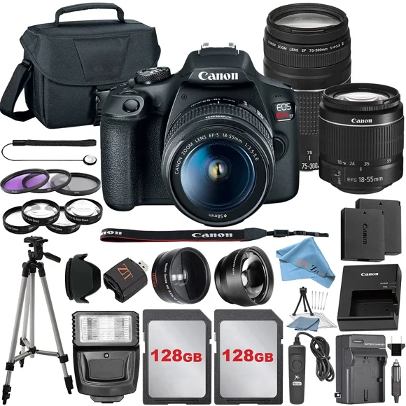 Canon EOS Rebel T7 Appareil Photo Reflex Numérique Ensemble avec Objectif Canon 18-55mm Canon EF 75-300mm f 4-5.6 III Objectif 2 Pcs SanDisk 128 Go Cartes Mémoire Trousse d'Accessoires