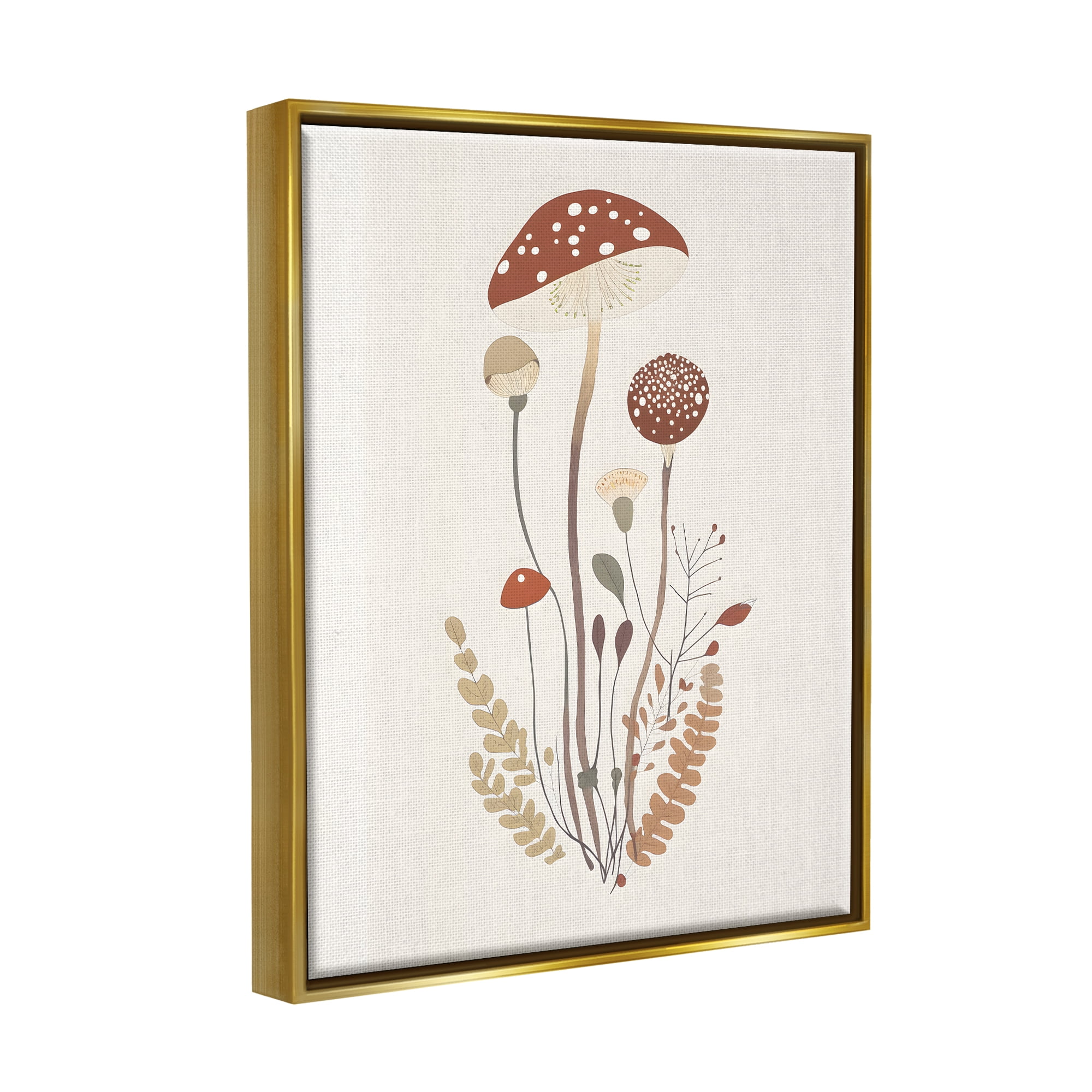 Stupell Industries Mushrooms & Fern Sprigs Botanical & Floral Painting Gold Floater Framed Canvas Art Print Wall Art, 25 x 31