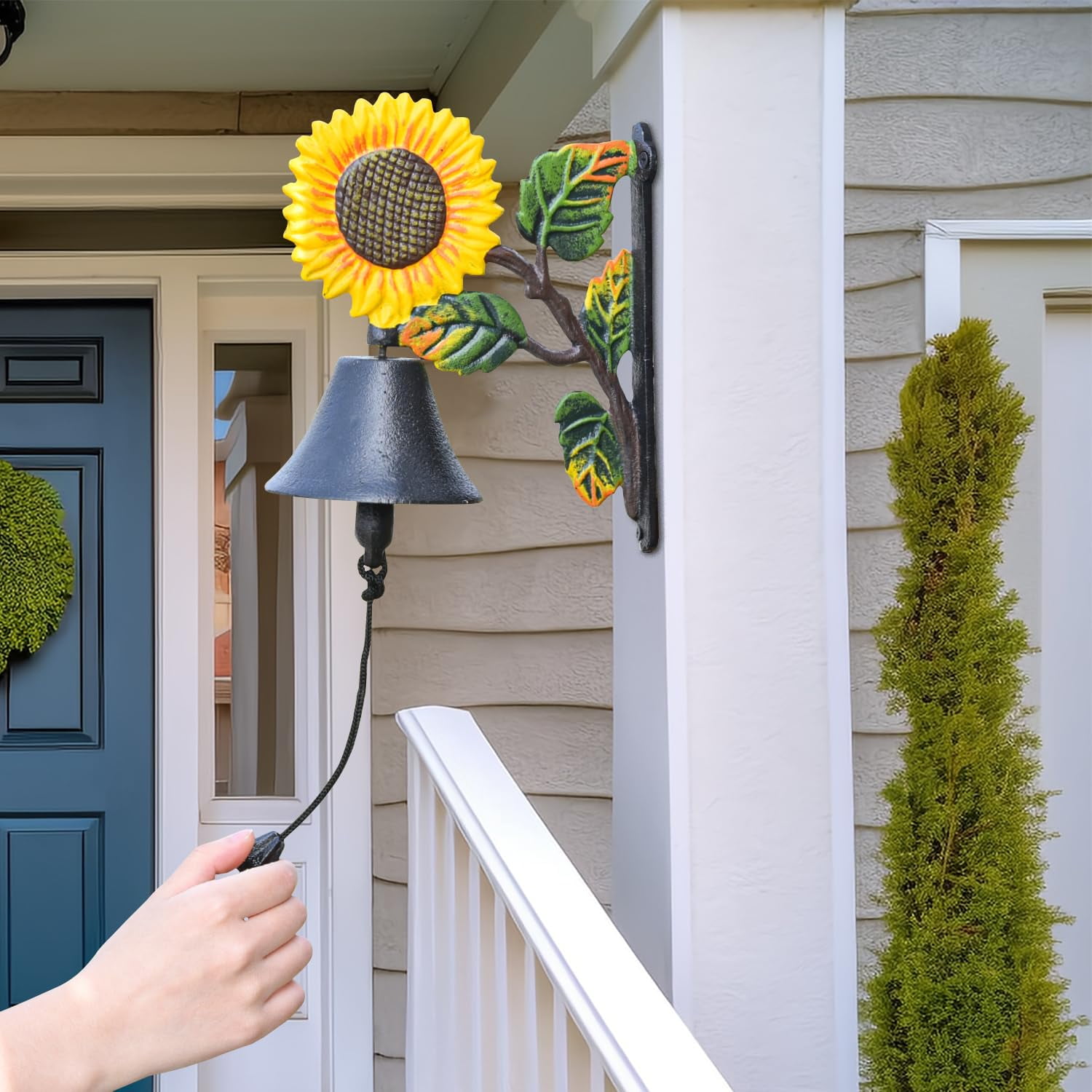 Sungmor Cast Iron Wall Bell Decorative Hand-Painted Sunflower Hand Bell, Manually Shaking Wall Hanging Doorbell - Indoor Outdoor Wall Mounted Dinner Bell - Garden Home Wall Decoration