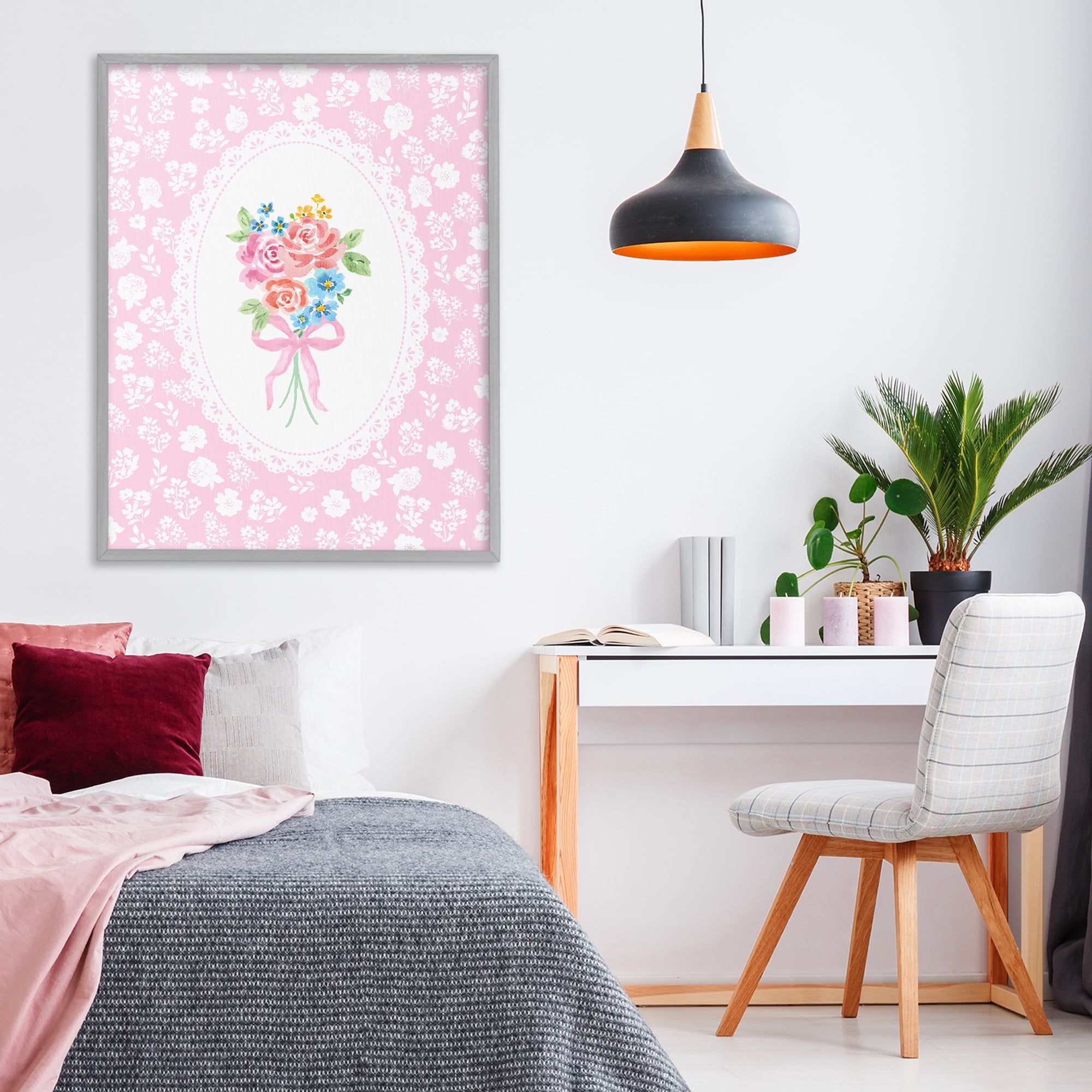 Stupell Industries Pink Feminine Bouquet Gray Framed Giclee Art, design by Corinne Haig
