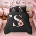 thumbnail image 3 of Erosebridal Black Pink Letter S Floral Bow Print Bedding Comforter Set, Monogram Style Queen Bedding Sets for Girls, Black Reversible 7 Pieces, 3 of 6