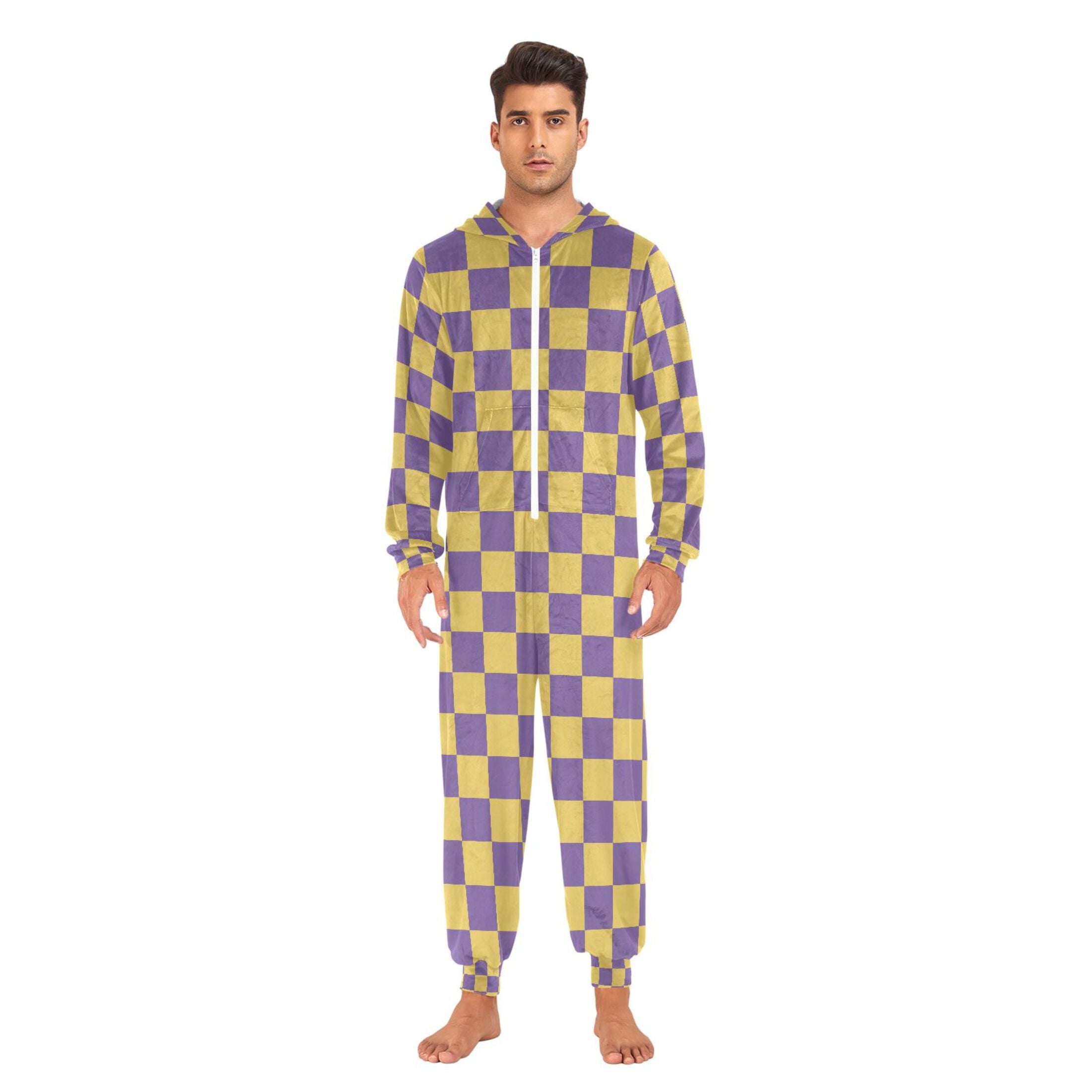 Adult Christmas Onesie Purple Yellow Checked Adult Zipper One-Piece Pajamas Unisex Pajamas with Pockets