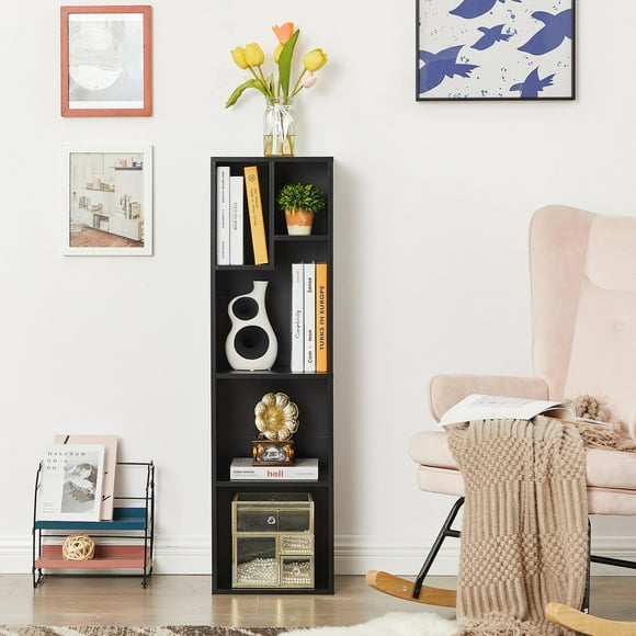 VECELO 4-Tier Bookcase 5 Cubes Wooden Bookshelf with Storage Organizer Display Shelf, Freestanding Unit for Living Room Home Office, Black
