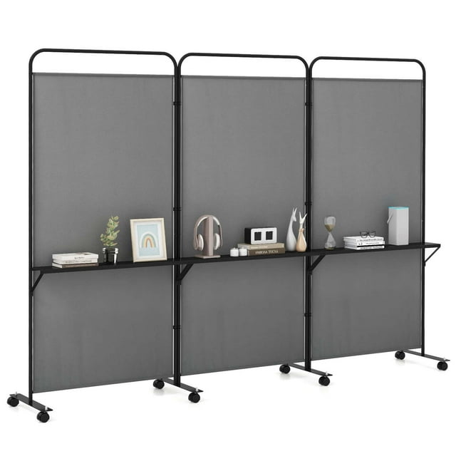 Costway 3-Panel Room Divider with Storage Shelves 6FT Tall Folding Privacy Screen on Wheels Gray
