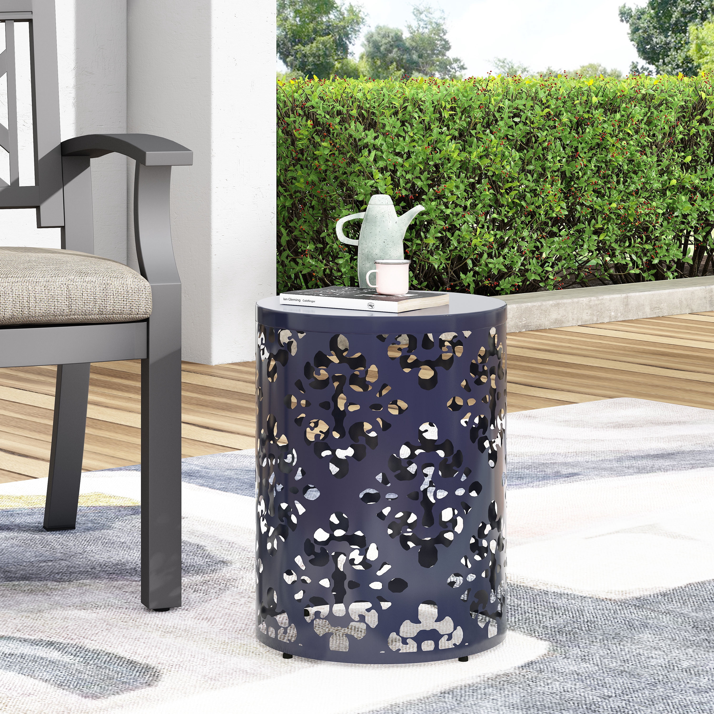 Outdoor Large Cylindrical Side Table, Floral Pattern Hollow Out Iron Tabletop for Patio Garden, Navy Blue