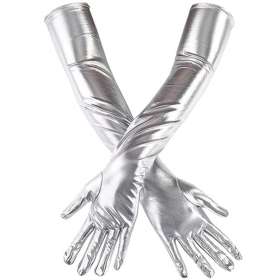 22 Inch Silver Shiny Metallic PU Leather Gloves