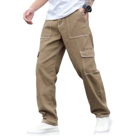 Uwinwear Baggy Jeans for Men Cargo Jeans, Mid Rise Elastic Waist Multi-Pockets Denim Pants School Streetwear Athletic Trousers,Khaki,XL