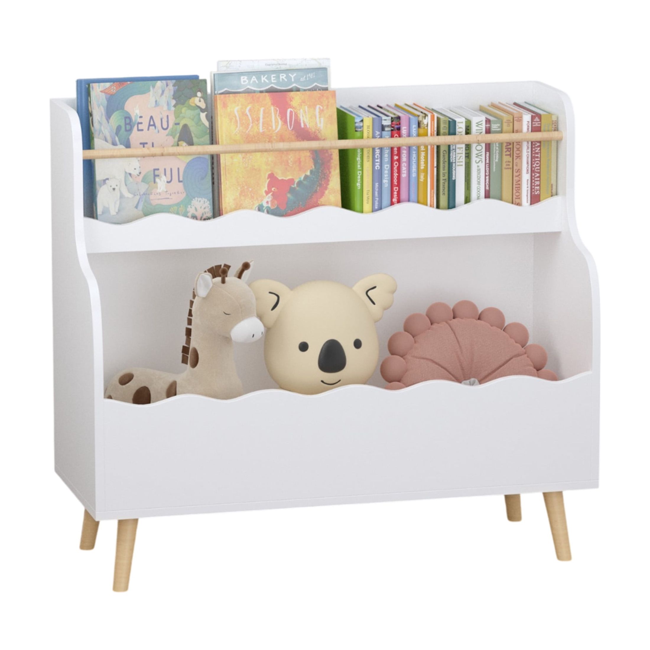 Noble House 31.3" Kids 2-Tier Bookcase with Rod, Wavy Front Book and Toy Storage Cabinet Organizer, Kid Room, White