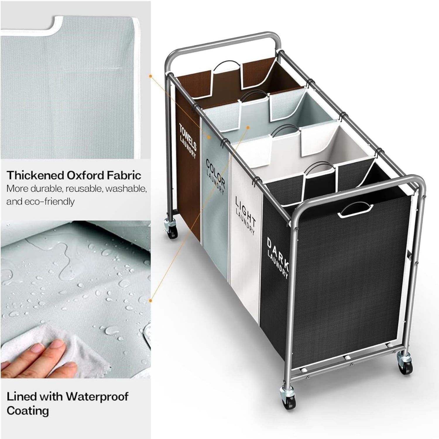 Laundry Hamper Sorter Cart: 4-Section Organizer with Heavy-Duty Lockable Wheels and Removable Bags | 172L Rolling Laundry Basket for Dirty Clothes in Laundry Room or Small Spaces (Multicolor)