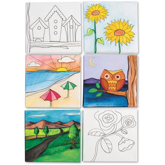 S & S Worldwide Paint-Your-Own Designer Canvas Set II, 2 each of 6 Pre-Printed Designs, Great For Kids & Adults, DIY Ready To Paint, 6-1/2" x 6-1/2" Stretched Canvas. Pack of 12.