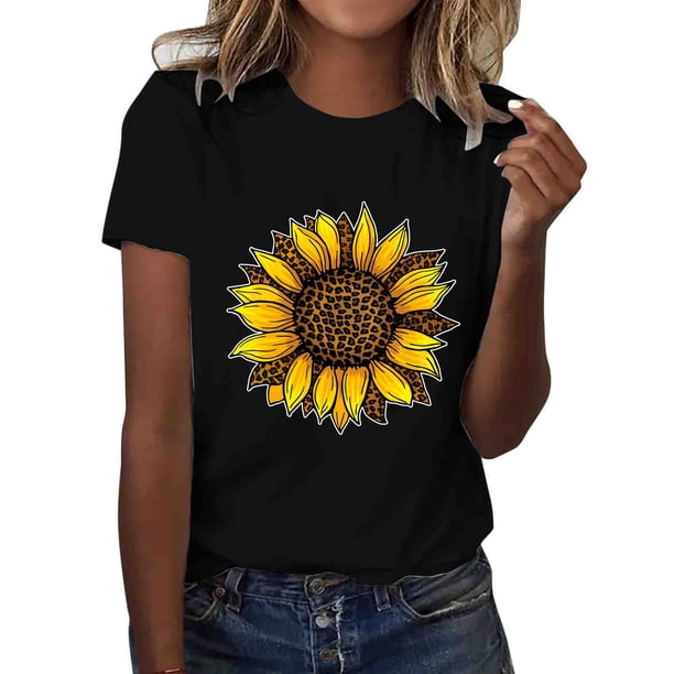 Gibobby Playera de Manga Corta con Cuello Redondo Camiseta con estampado de girasol para mujer, camiseta informal de manga corta con gráfico, camisetas ajustadas inf(Negro,XL)