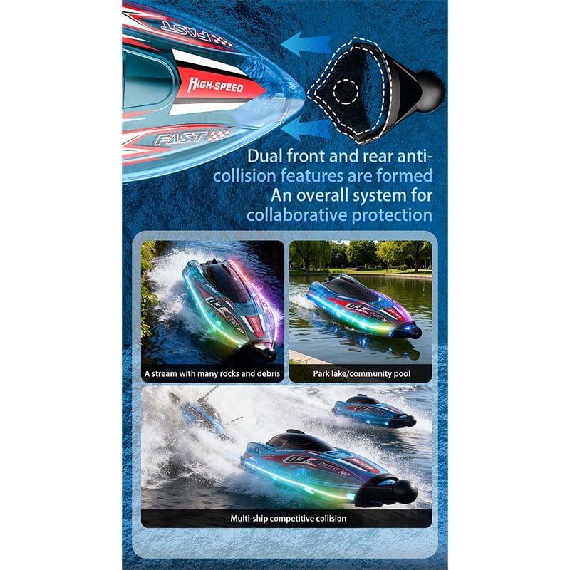 Mini High-Speed RC Boat Model with Multicolor Lights, Dual-Motor Impact-Resistant RC Ship, Gift for Enthusiast (Transparent Red)