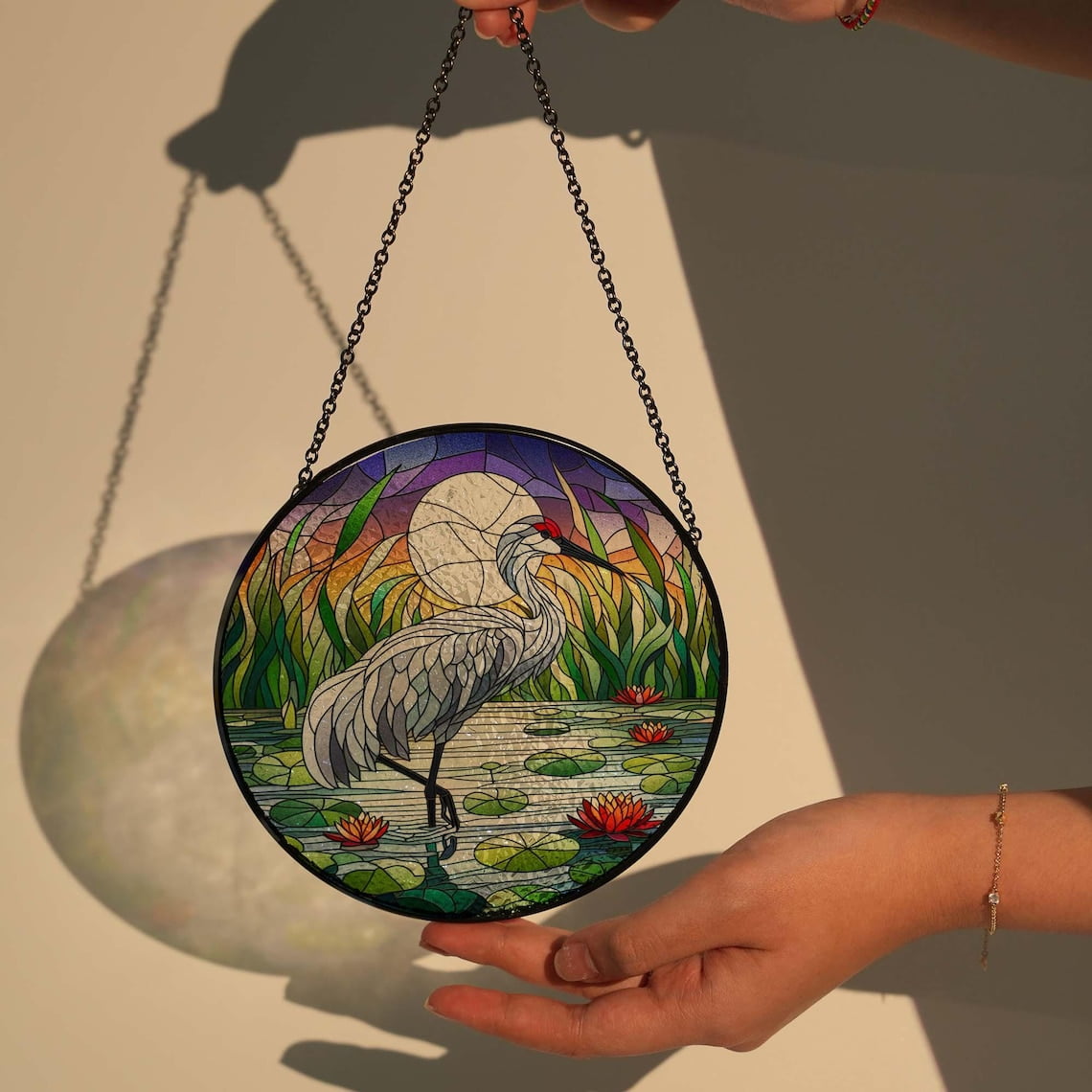 Sandhill crane on lake GLASS Suncatcher Hanging, Sandhill crane Window hanging, Suncatcher ornament, bird lover gift, Sandhill crane lover, Bird Lover Home Décor