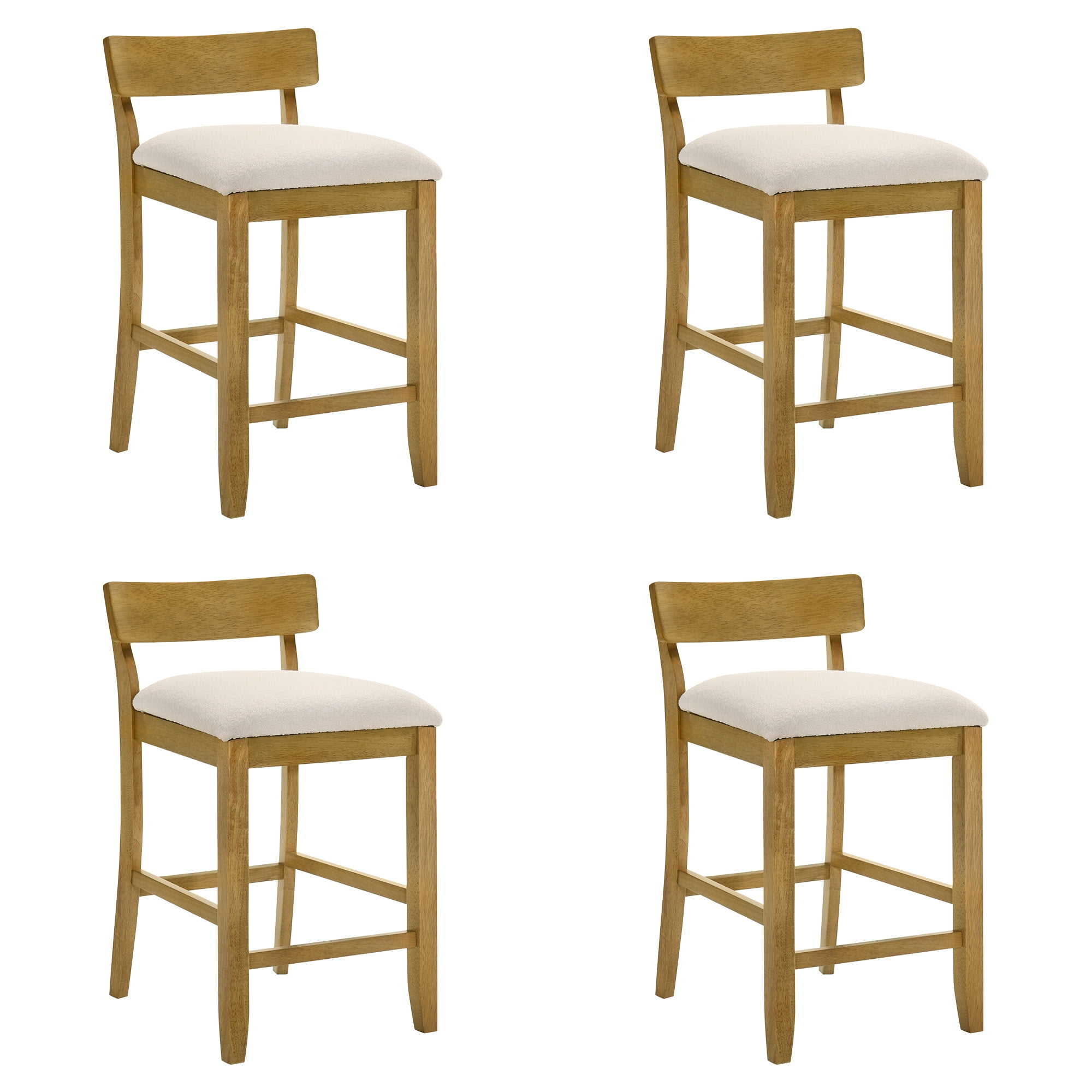 Merie Modern Transitional Wood Counter Height Kitchen Bar Stool in Amber Glow Finish with White Boucle Fabric Upholstered Seat - Set of 4