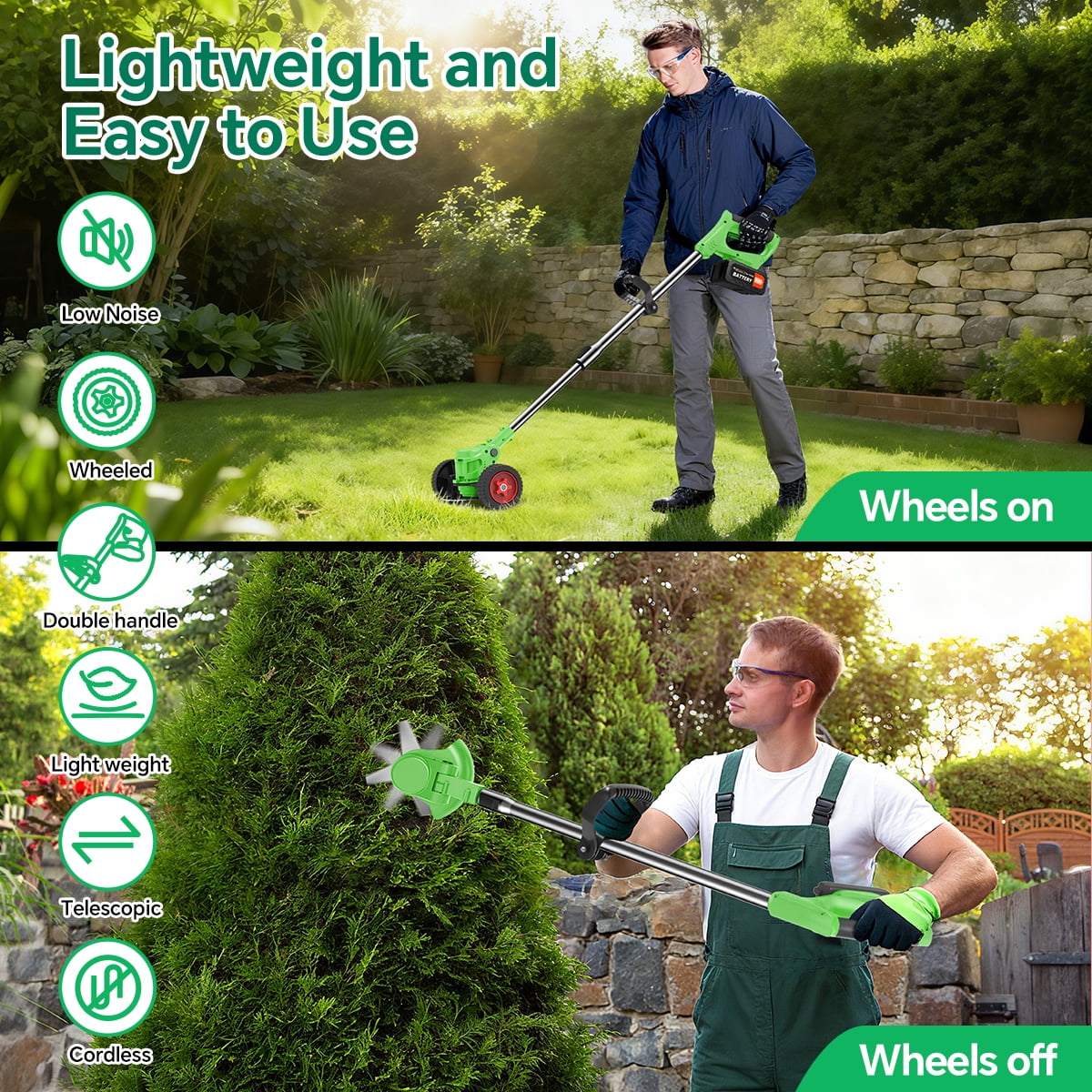 TNTANTS Weed Wacker Cordless, 3-in-1 Lightweight Electric String Trimmer with 3 Types of Blades, Wheels, 24V Battery, Weed Eater Grass Trimmer/Edger/Brush Cutter for Lawn Yard Garden (Green)