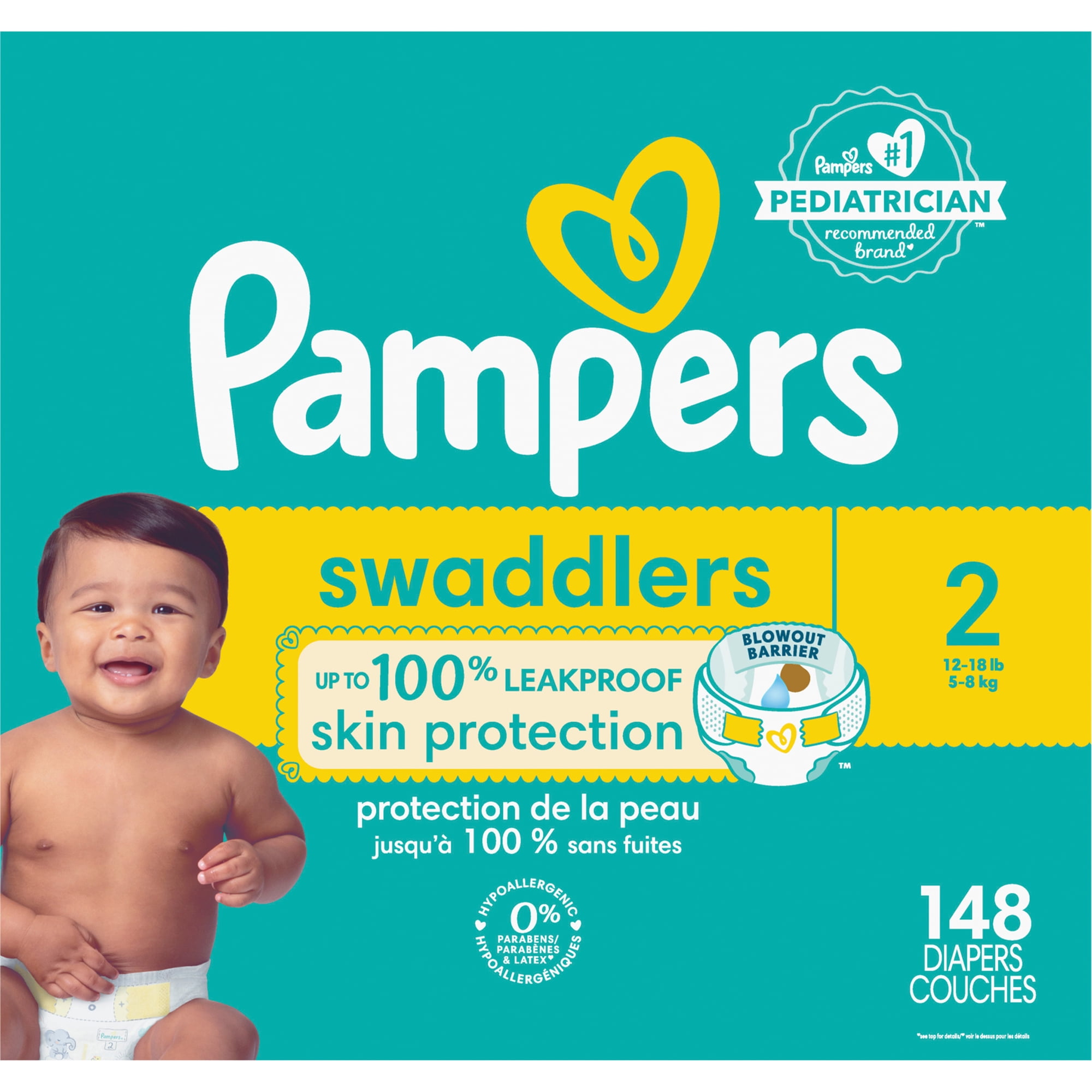 Pampers Swaddlers Wetness Indicator Hypoallergenic Soft Latex and Paraben Free Soft Diapers - Size 2, 148 Count