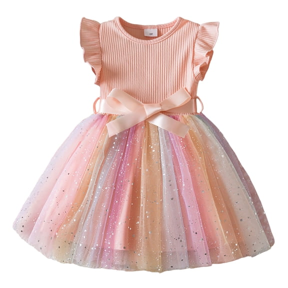 WhouRiu Girls Colorful Mesh Dress Summer Sleeveless Flutter Sleeve Crew Neck Dresses Kids Casual Comfortable Cute Everyday Sundress,1-2 Years