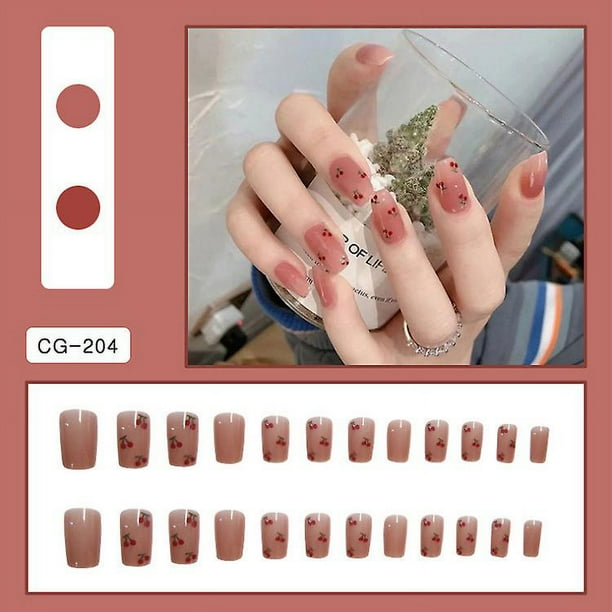 Uñas postizas de cereza brillante, rojo y blanco, estilo lindo, cobertura media completa, acrílico, 24 Uds., uñas postizas para mujeres y niñas