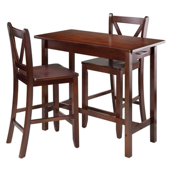 33.27 x 39.37 x 19.69 in. Sally Breakfast Table Set with 2 V-Back Stool, Walnut - 3 Piece