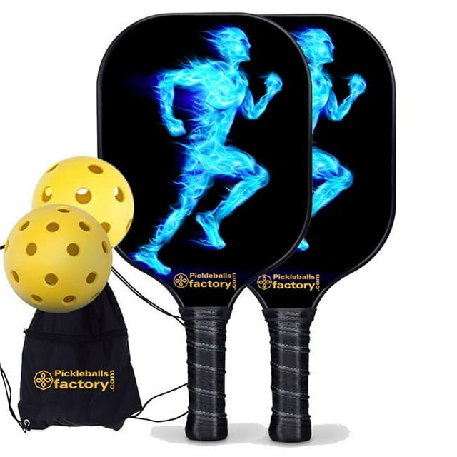 Pickleball Factory PB00038-4-G Best Pickleball Set - Blue Fires Custom Pickleball Paddle, Glassfiber Graphite