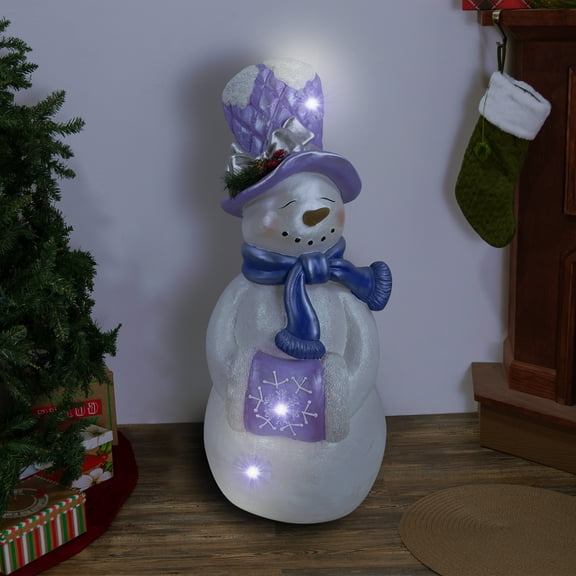 Alpine Corporation SKY560L, Lavender White Snowman Statue w/Hand Muff, Twinkle LED Lights, Large Over 3 Feet Tall Indoor/Outdoor Holiday Decor for Porch or Yard
