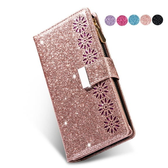 Dteck Folio Wallet Case For Samsung Galaxy A70e, Luxury Bling Glitter PU Leather Case with Stand / Zipper Purse / 9 Card Slots / Magnetic Closure Cover with Hand Strap, Rosegold