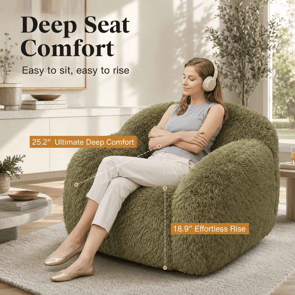 Aenkyo Oversized 360 Degree Swivel Accent Chair, Plush Faux Fur Barrel Sofa Chair, 25" Deep Seat, Green