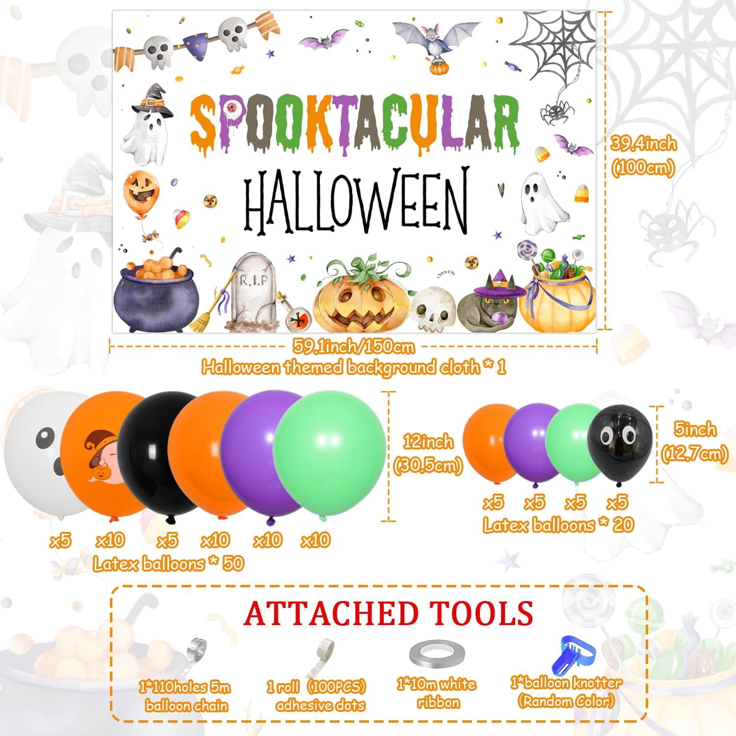 71Pcs Spooktacular Halloween Theme Party Decorations Spooktacular Halloween Pumpkin Bat Cemetery Backdrop Orange Purple Green Balloon Garland Arch Kit for Children Adult Halloween Party Decor Supplies