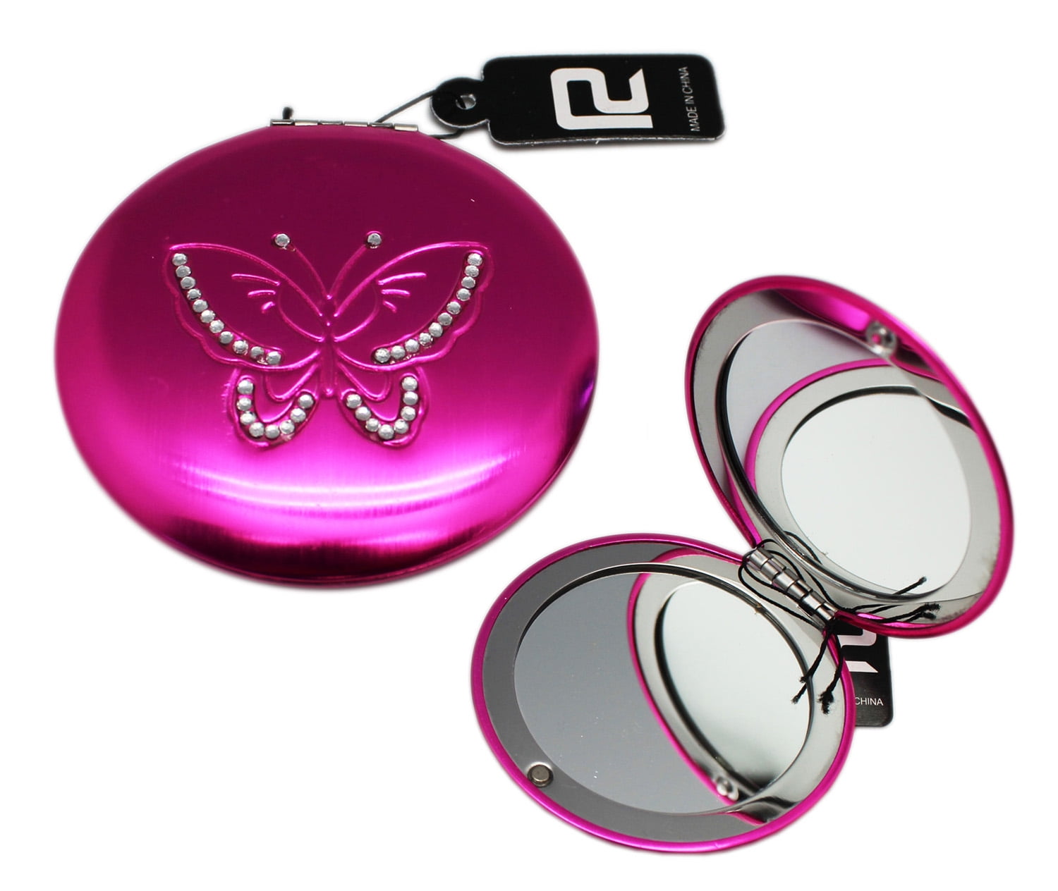 Pink Colored Compact Mirror With Rhinestone Butterfly Design