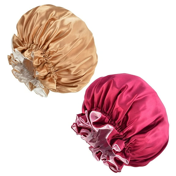 Silk Bonnet 2 Pack Satin Bonnet Satin Hair Bonnets for Women Double Layer Large Soft Elastic Band Night Sleeping Head Cover for Girls (Khaki   Burgundy)