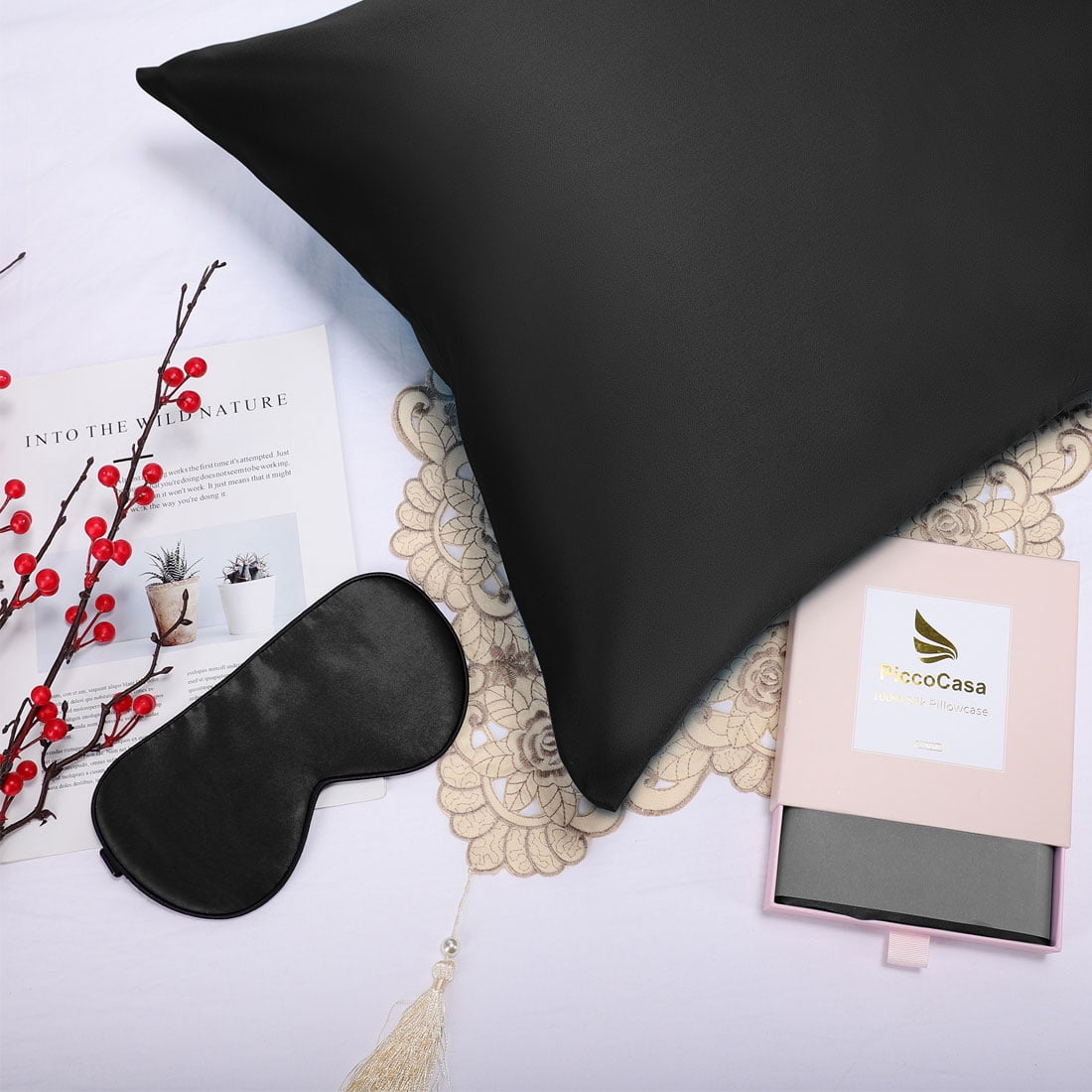 PiccoCasa 2 Pcs Silk Pillowcase Both Sides Silk + 2 Pcs Eye Mask for Hair and Skin with Envelope Closure Queen Black