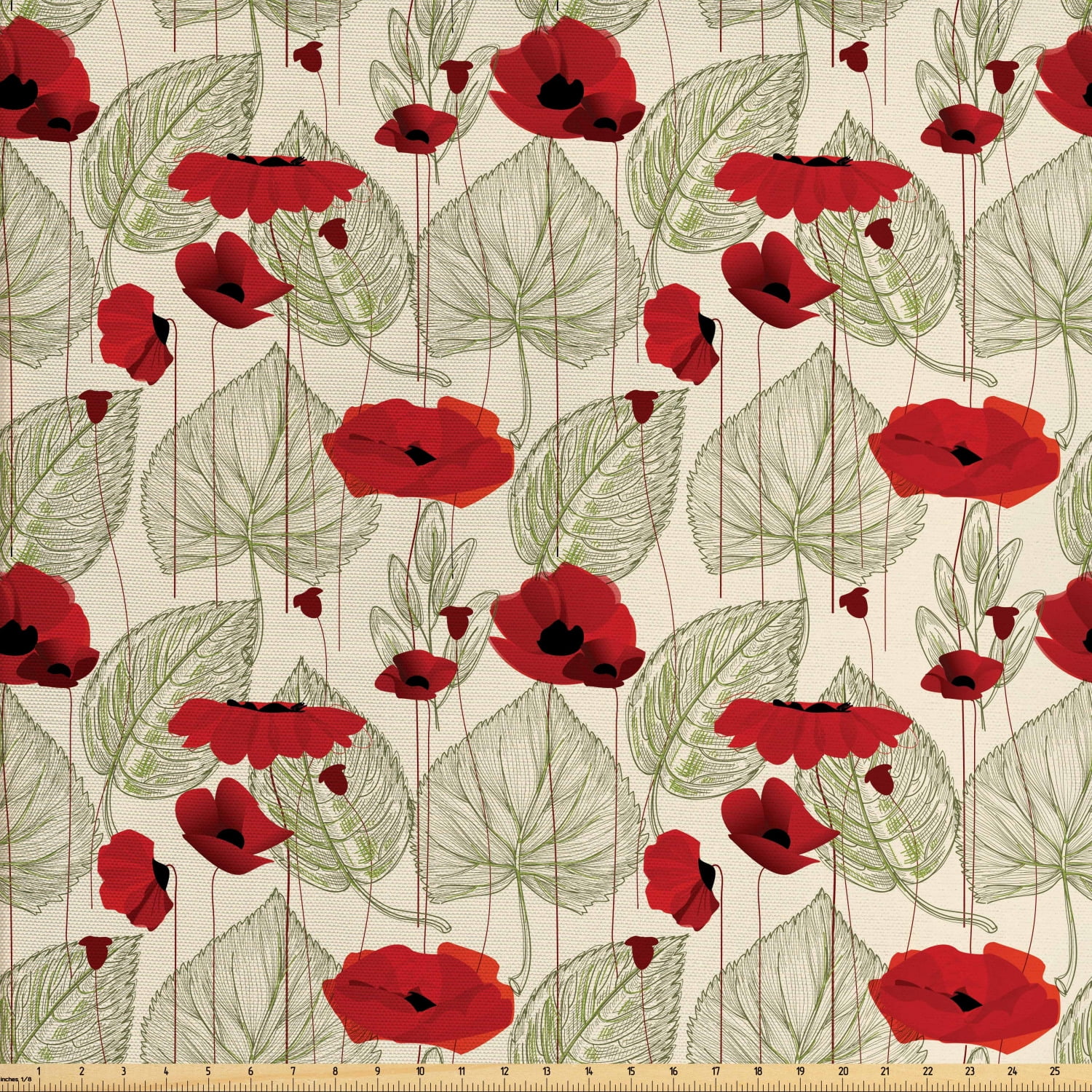 Poppy Fabric by The Yard, Sketchy Tree Leaves with Rural Floral Growth