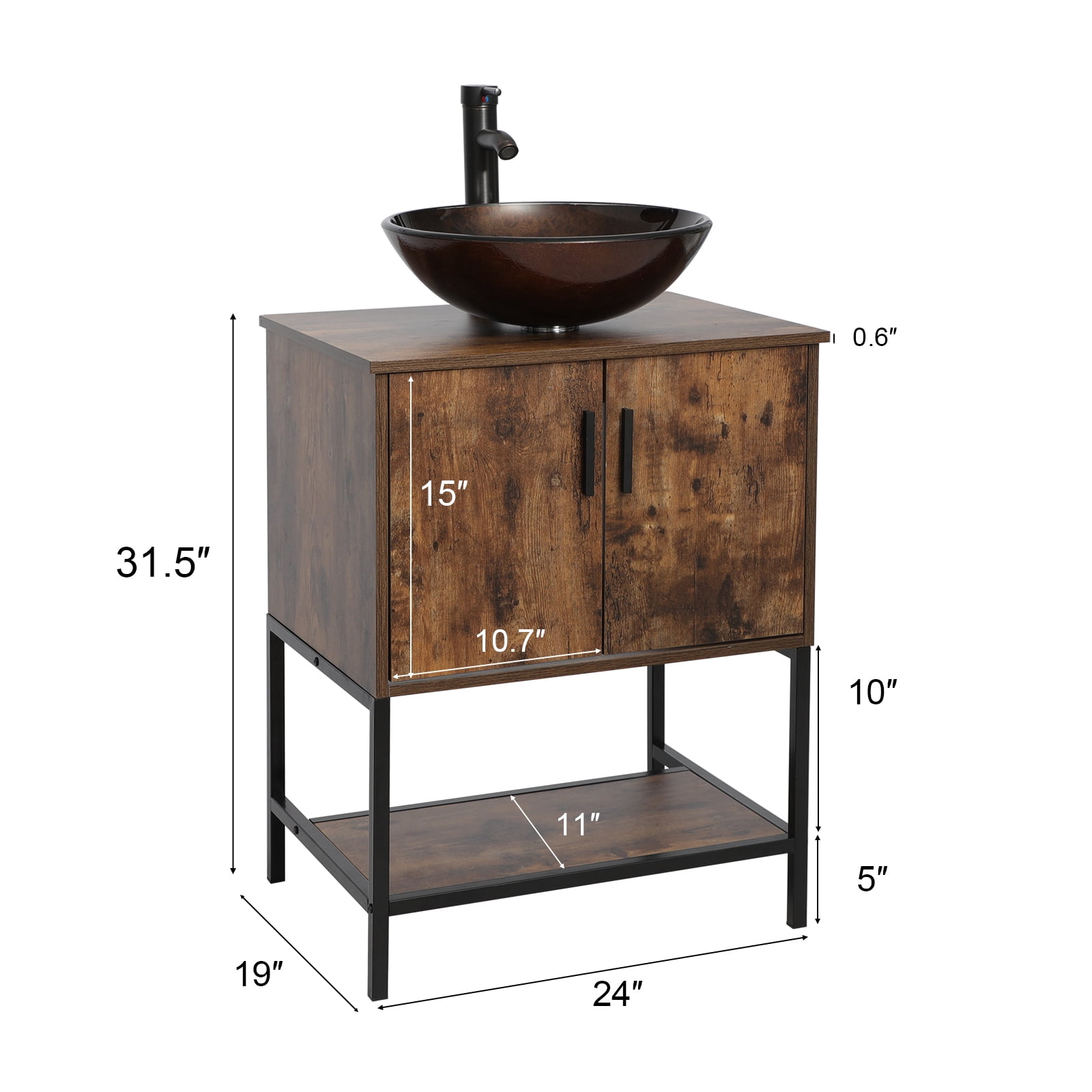 Eclife 24" Farmhouse Bathroom Vanity with Rustic Brown Top, Brown Glass Sink