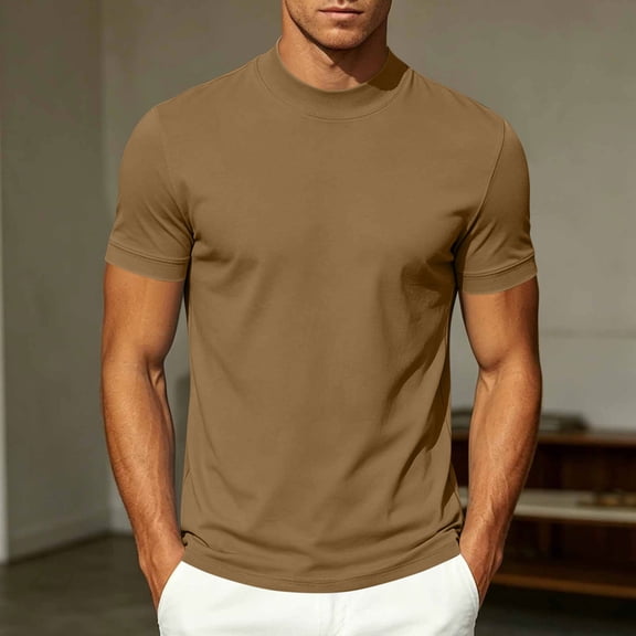 DPTALR Men's Mock Neck T-Shirt Short Sleeve Form-Fitting Casual Solid Color Basic Tee,Beige,Big and Tall Men L