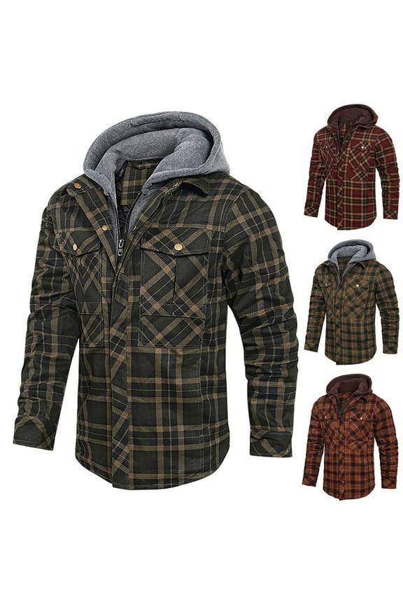 Men Flannel Shirt Jacket with Hood Fleece Lined Plaid Jacket Zip Up Winter Warm Coat Business Dressy Casual Jackets