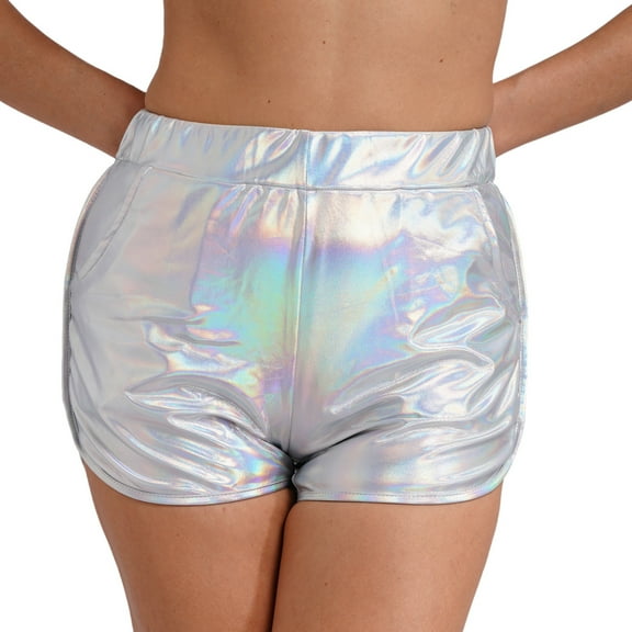 TiaoBug Women Metallic Shorts Shiny Rave Booty Shorts Hot Pants Yoga Dance Bottoms Silver L