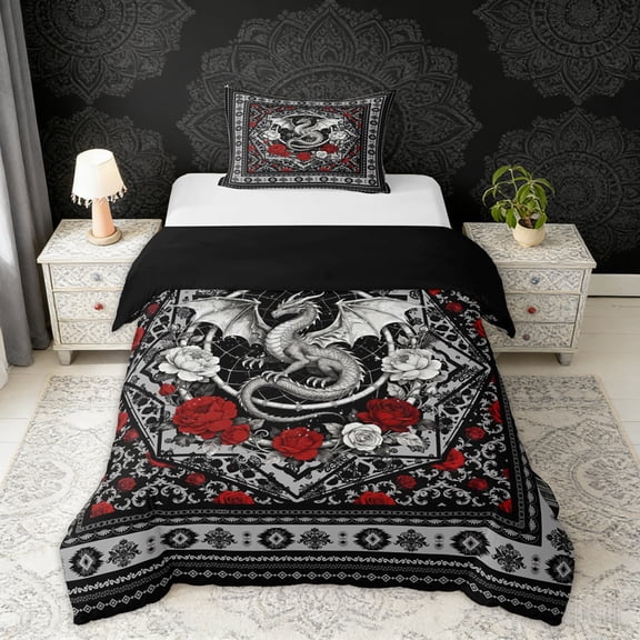 Erosebridal Vintage Dragon Twin Bedding, Bohemian Aztec Mandala Duvet Cover Set, Black Gray Red, Black Reversible 2 Pieces, 1 Duvet Cover and 1 Pillowcase (No Comforter)