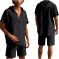 thumbnail image 1 of Conjunto de Pantalones Cortos para Hombre 2 Piezas Outfits Color Sólido Botón Cordón de Lino Camiseta con Capucha Y Pantalones Cortos de Playa, 1 of 9