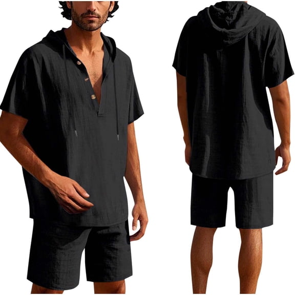 USNSM Men's Solid Color Button Drawstring Linen Short Sleeve Hooded Top Breathable Comfortable Beach Shorts Short Sleeve Hooded Set Black XXXL