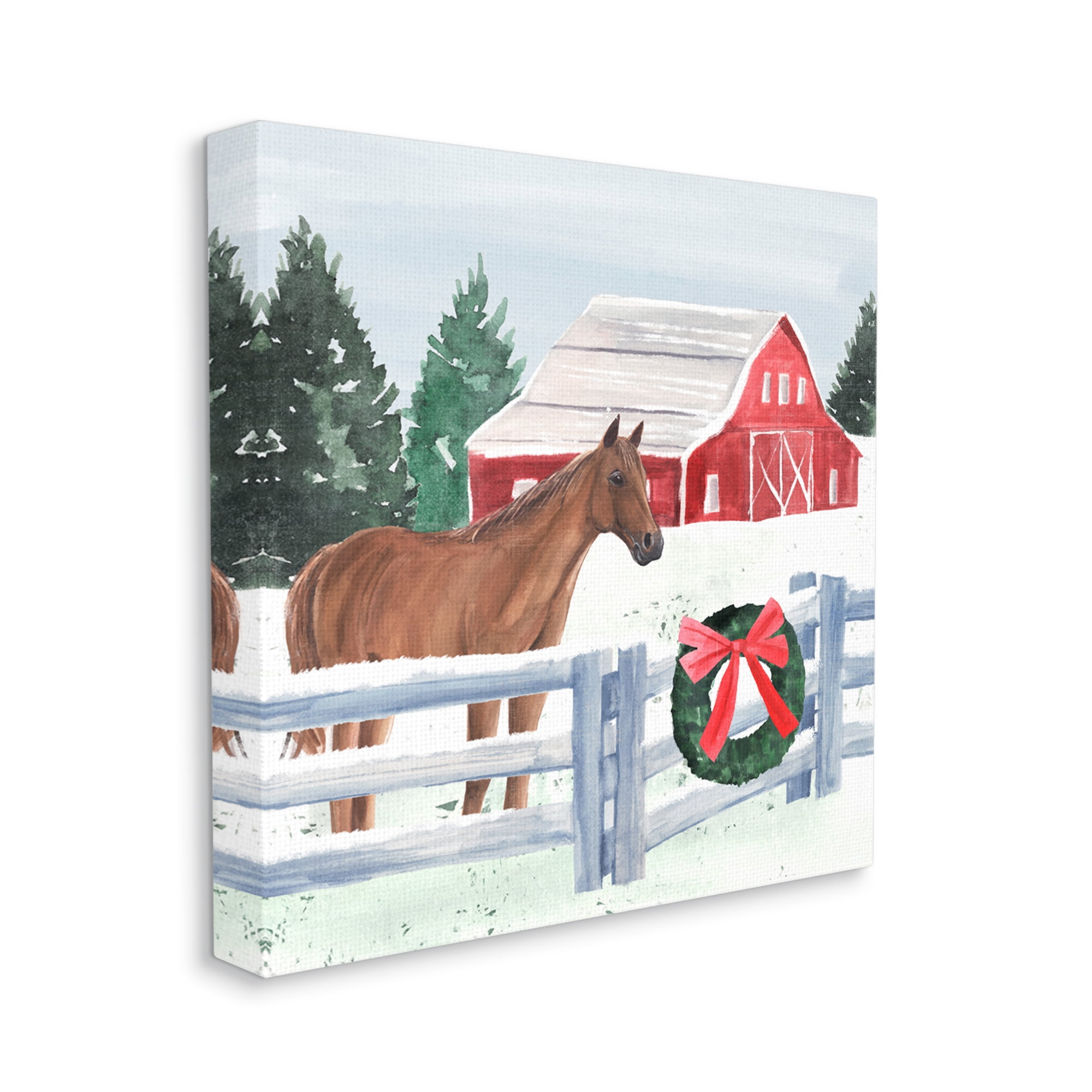 Charming Red Snowy Barn Horse Standing Winter Scene Animals & Insects Painting Gallery-Wrapped Canvas Print Wall Art