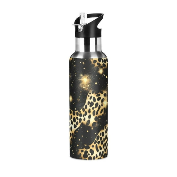 ALAZA Golden Leopard Print Water Bottle Insulated Flask Stainless Steel Straw Lid 20 oz