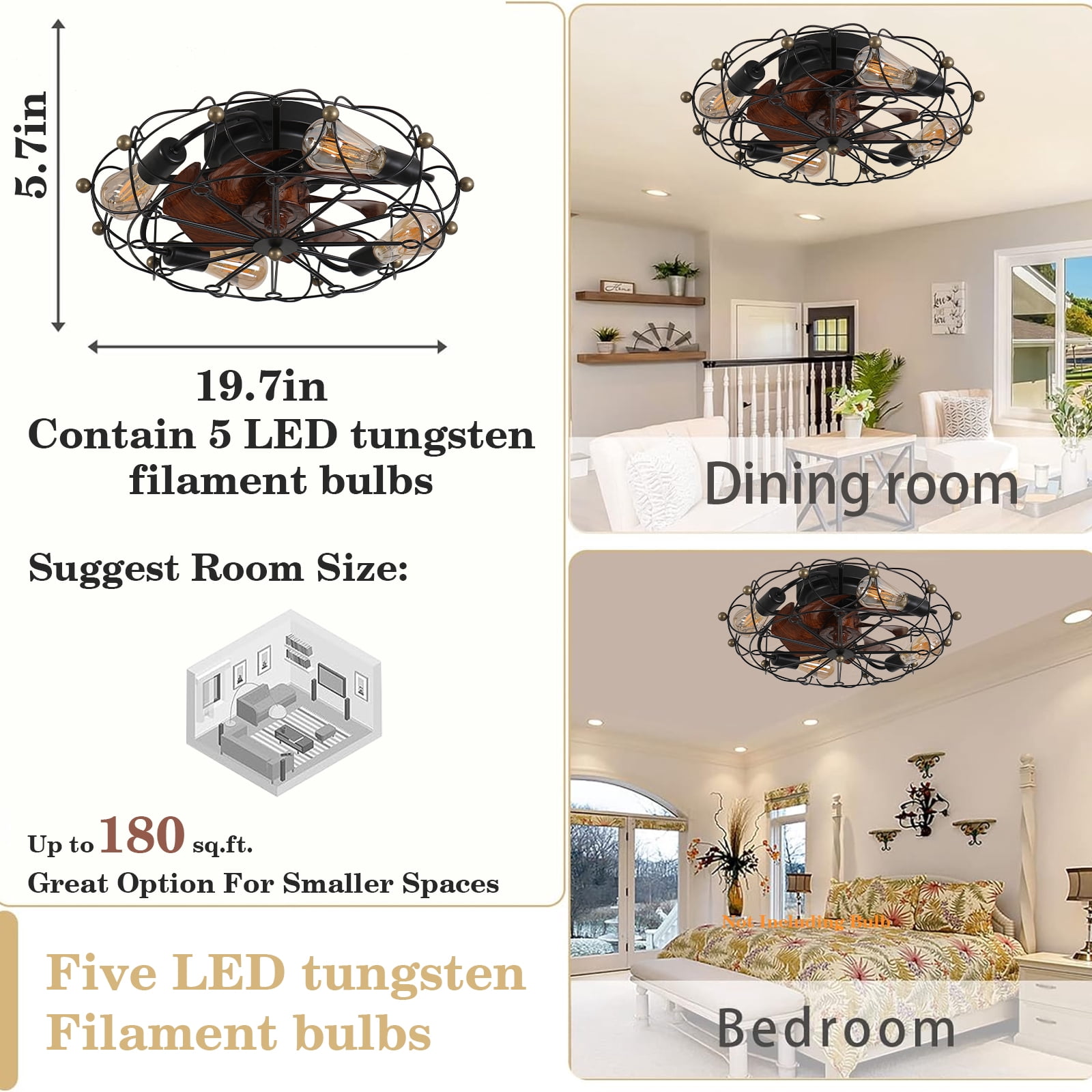 Lighted ceiling fan,19.7-inch low-profile ceiling fan with guard, small recessed LED light fixture and remote control, suitable for bedrooms, kitchens, and living rooms (black)