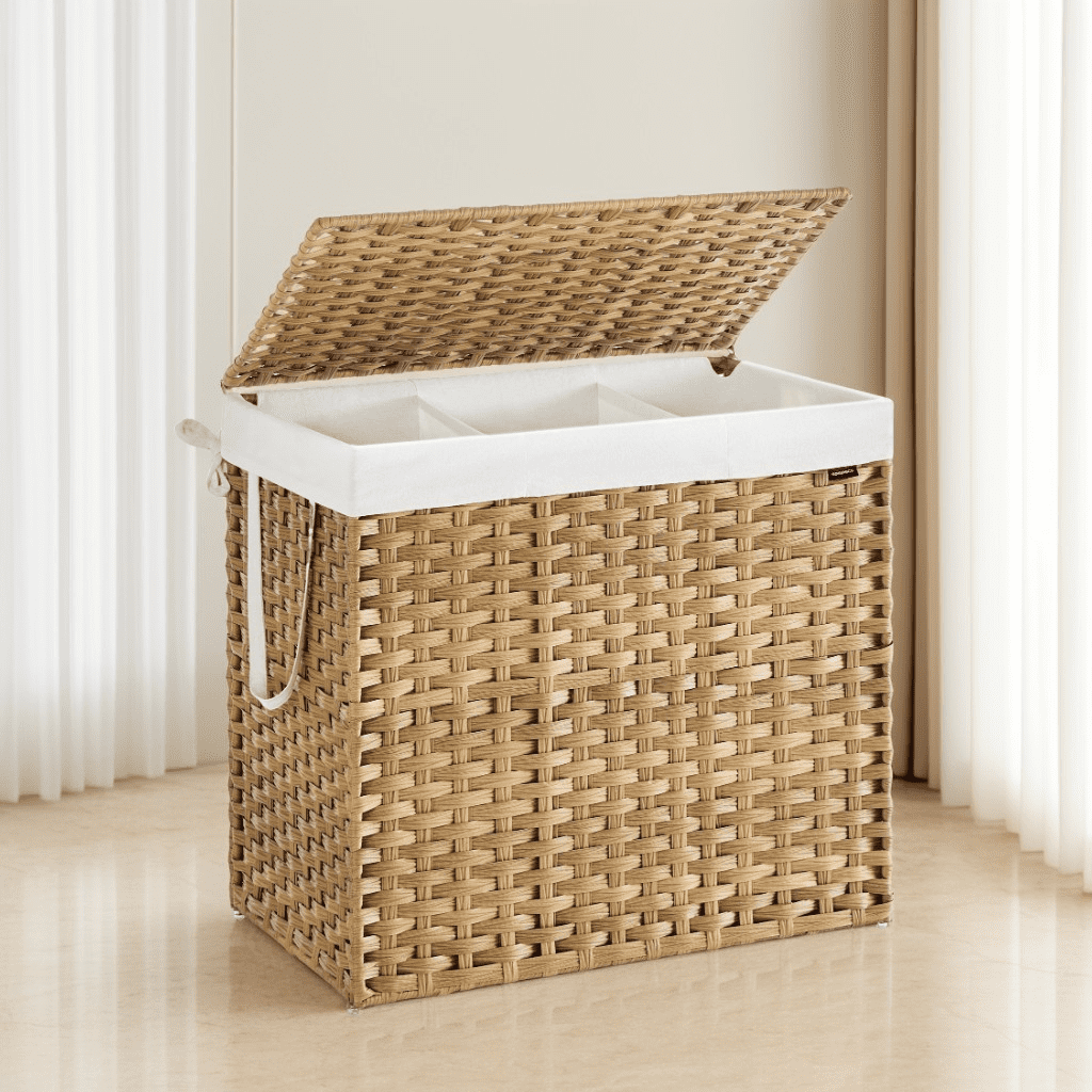 LEDREM 160 L Laundry Hamper with Lid, 3-Section Wicker Basket with Removable Liners and Mesh Bags, Double Laundry Organizer, Natural