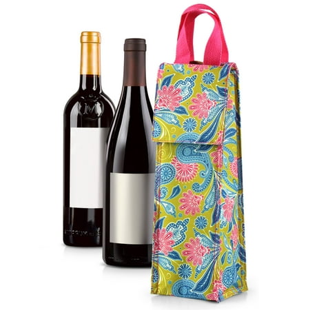 Wine Carrier Bag by Zodaca Thermal Insulated Lightweight Wine Bottle Tote Carrying Case Whisky Glass Bottle Carry Holder Bag for Travel Party Gift - Green /Pink