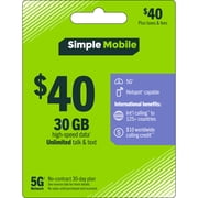 Simple Mobile $40 Unlimited Talk & text 30-Day Prepaid Plan (30GB at high speeds) + International Calling Credit Direct Top Up